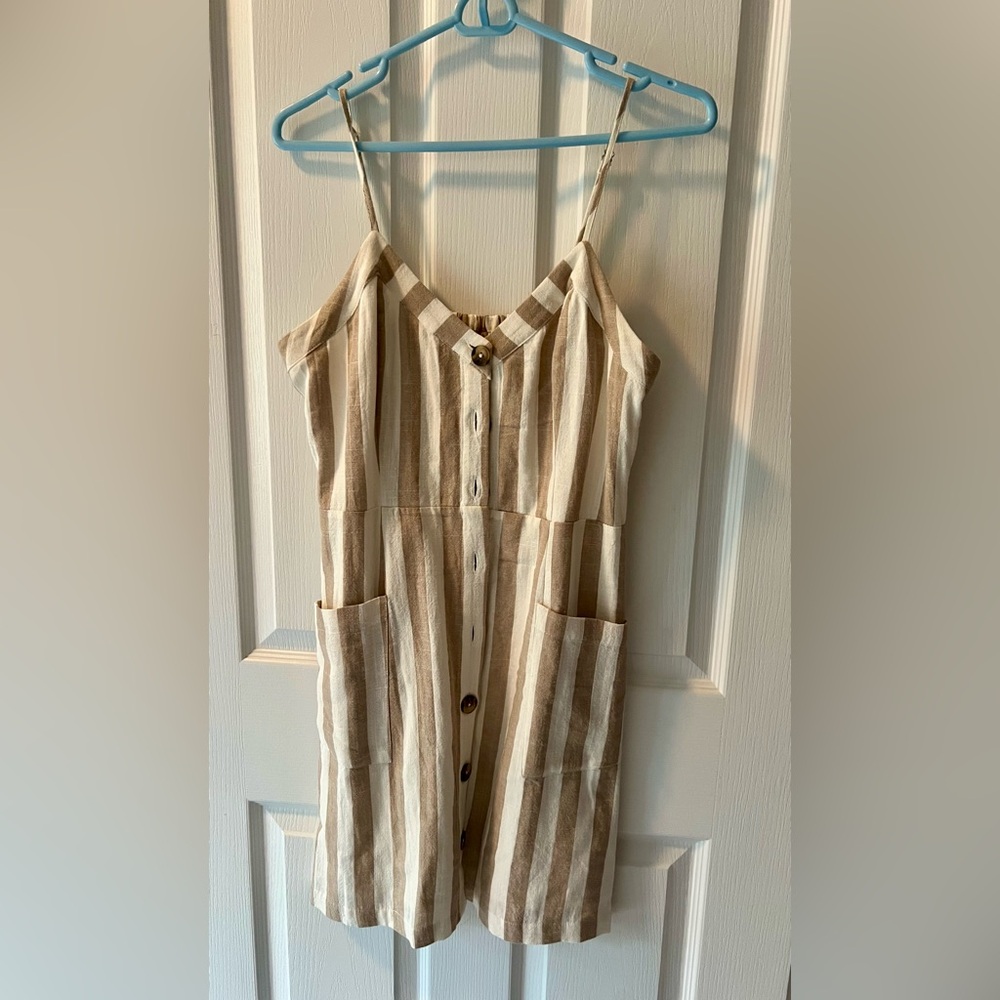 Lulus On the Pier Tan and White Striped Button Front Mini Dress